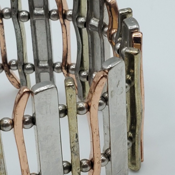Tri Tone Slat Bracelet‎ Stretch Gold Silver Rose Tone Womens Fashion Jewelry - Picture 3 of 8